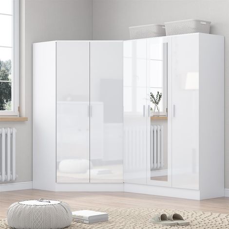 Reflect 2pc Wardrobe Bundle - 2 Door Corner + 3 Door Mirror - White Gloss & Matt White