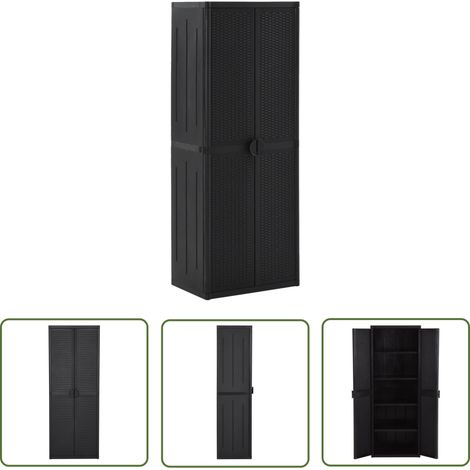 The Living Store Gartenschrank Schwarz 65x45x172 cm PP Rattan - Lagerschrank - Garderobenständer - Stauraum - Außenmöbel - Balkonmöbeln (1/5)