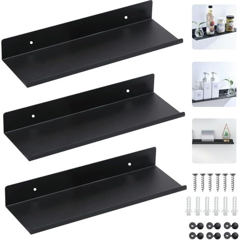 Set di 3 mensole galleggianti in alluminio, mensola da parete nera da 30 cm, mensola rettangolare da parete per doccia, mensole galleggianti con viti per soggiorno, camera da letto, bagno, cucina (1/5)