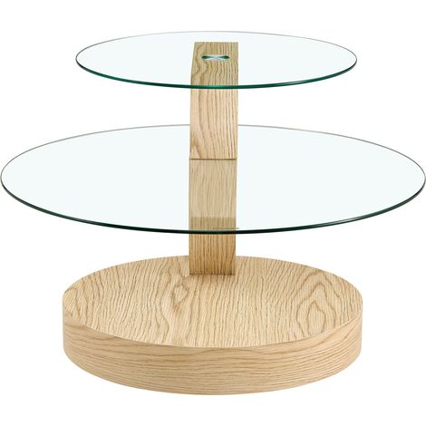 Tavolino rotondo a 2 livelli in vetro temperato, MDF e finitura effetto legno (1/5)