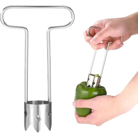 Évideur de poivrons rouges, évideur de fruits et légumes en acier inoxydable en forme de T amélioré, outil multifonction pour retirer les pépins de tomates et de pommes, gadget de cuisine pratique pou (1/5)
