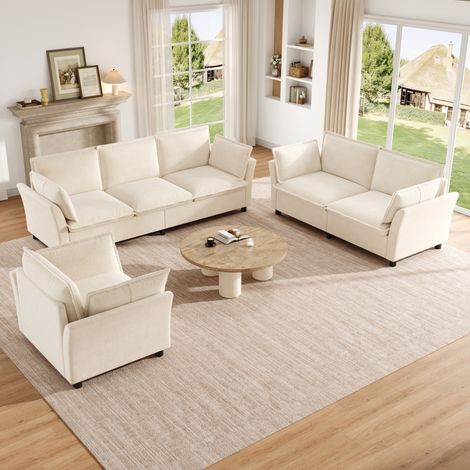 Canapé droit modulaire 3+2+1 en chenille pour 6-7 places, composition flexible pour salon, structure stable, beige (1/5)