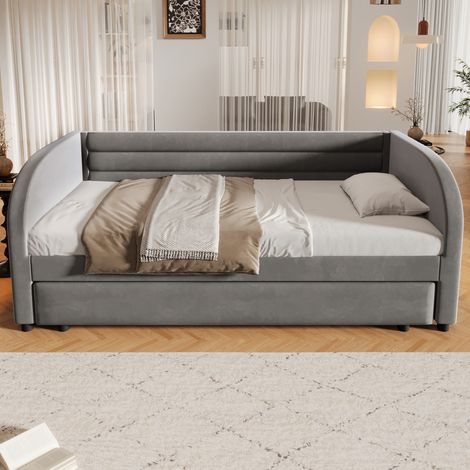 Lit plateforme rembourré 90x200 cm avec tiroir gigogne intégré et bandeau lumineux LED, teinte grise (1/5)