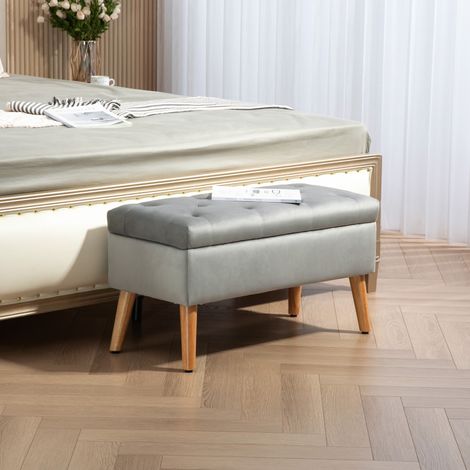 Panca/cassapanca contenitore, tessuto effetto velluto, gambe in legno, portata massima 120 kg, 80 x 35 x 42 cm, grigio