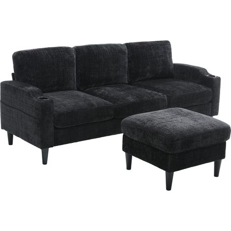 Canapé 4 places avec hocker de rangement, porte-gobelets, poches latérales et pieds en plastique noirs, tissu doux – CHICFURN (1/5)