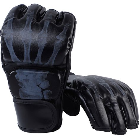 1 Paire Gants de Boxe Mi-Doigts en Cuir PU Fantôme MMA pour Sac de Frappe Muay Thai Combat Noir (1/5)