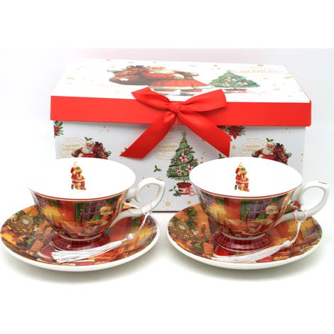Tazas de porcelana navideñas con Papá Noel en una caja de regalo decorativa. (1/5)