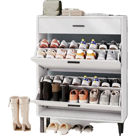 Mobiletto porta scarpe in legno composito, con 4 cassetti a ribalta, dimensioni 40 cm (larghezza) x 30,5 cm (profondità) x 99 cm (altezza), finitura bianca, design salvaspazio. (1/5)