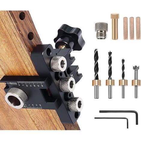 8/10/15mm Gabarit de Perçage, Kit de Gabarit de Goujon pour Meubles 3 en 1 Outils de Menuiserie, Réglable Professionnel Bois Gabarit de Percage avec Échelle et Pince (1/5)