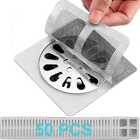 50 filtres jetables pour siphon de douche - Grilles adhésives pour siphon de douche - Filtre à cheveux - Grille pour siphon de sol - Convient pour baignoire, salle de bain, cuisine et buanderie (gris) (1/5)