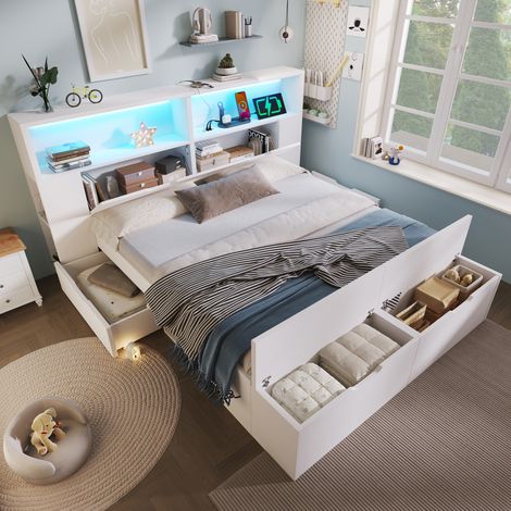Cama de madera blanca 140x200 cm con almacenaje, cajones, estantes, LED y USB (1/5)