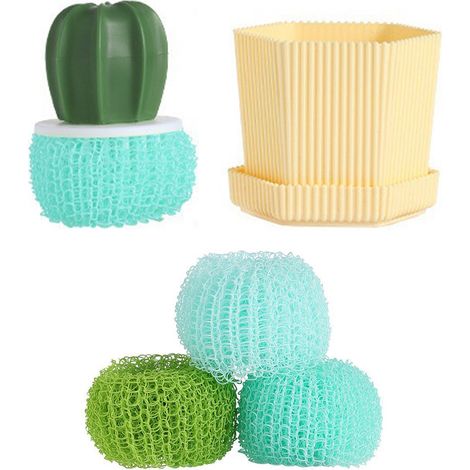 Ensemble de brosses à vaisselle créatives en forme de cactus, brosse jaune et verte, 3 boules de recharge vertes dégradées, éponge à récurer pour la cuisine (1/5)