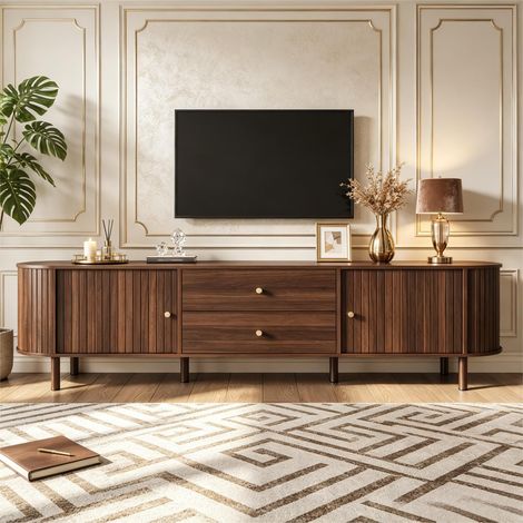 Meuble TV bois 180 cm avec 2 tiroirs et 2 portes coulissantes, meuble bas de salon, pour TV jusqu'à 75 pouces, Meuble Télé Noyer (1/5)