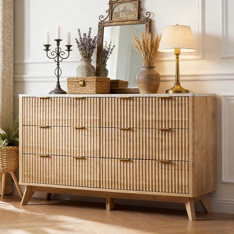 Commode 6 Tiroirs à Panneaux Canelés, Plateau Faux Marbre, Profil Courbé - Meuble TV 137 cm Large, Organisateur en Bois pour Chambre Salon Couloir, Panneau de Particules Chêne Naturel (1/5)