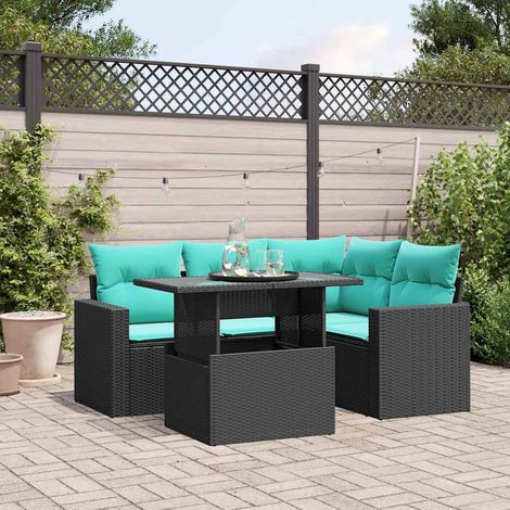 5-teiliges Gartensofa-Set mit Kissen, schwarzes Polyrattan (1/5)