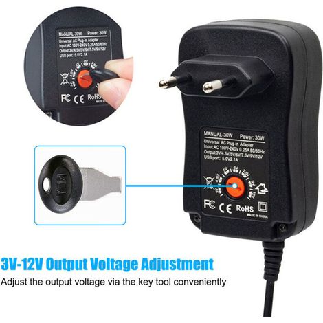 Adattatore di alimentazione universale da CA a CC da 30 W con porta USB da 5 V 2,1 A, caricabatterie da 3 V a 12 V CA con 8 adattatori CC per dispositivi elettronici domestici. (1/4)
