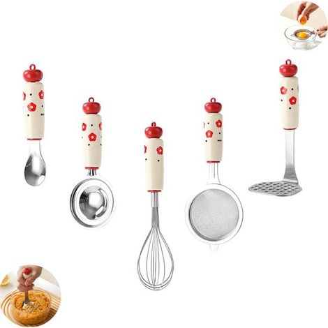 Set da mini cucina da 5 pezzi: utensili da cucina in acciaio inox, frusta in acciaio inox, schiacciapatate, separatore di tuorli, setaccio con gancio, mestolo da zuppa in acciaio inox. (1/5)