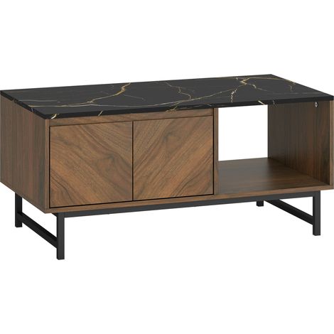 Table basse marbre effet 2 niches + 2 portes, meuble salon noyer 100x50,8x45,7 cm (1/5)
