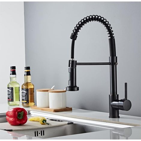 Robinet de cuisine avec pulvérisateur pivotant - Robinet de cuisine à ressort 360° 2 modes de pulvérisation avec tuyaux mitigeur à levier unique évier chaud et froid disponible, laiton (noir) (1/5)
