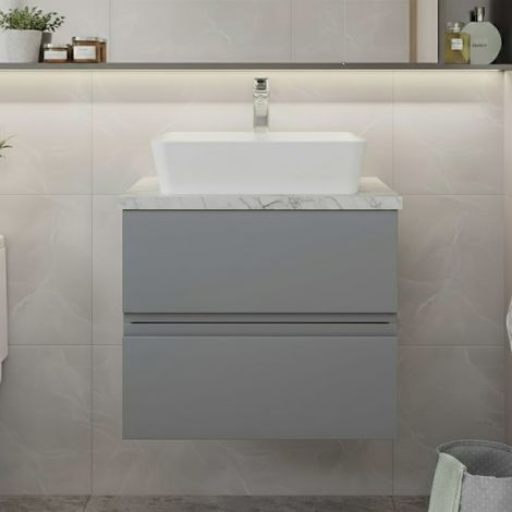 Hudson Reed Urban Wall Hung 2-Drawer Vanity Unit with Carrera Marble Worktop 600mm Wide - Satin Grey (1/4)