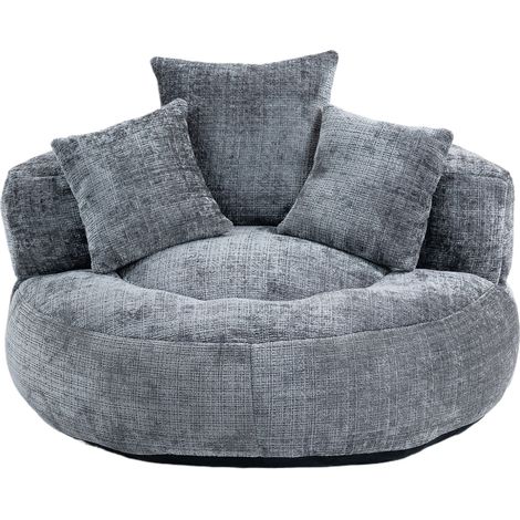 Fauteuil pouf en chenille gris avec dossier haut et 3 coussins, chaise lounge confortable pour intérieur et extérieur (1/5)