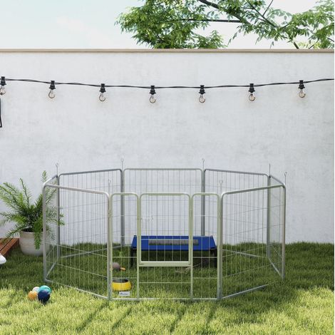 Parc pour chien 160x160x80 cm en acier argenté avec porte, pliable intérieur extérieur – MEUBLIV (1/5)