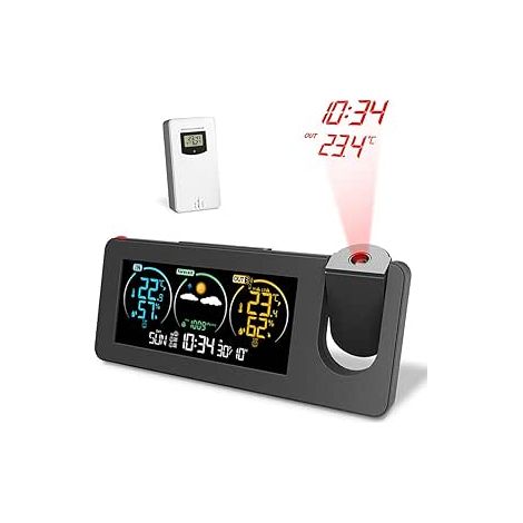 Projektionswecker, Wettermonitor, kabellose Wetterstation mit Außensensor, Temperatur- und Feuchtigkeitsmonitor, mit bunter Hintergrundbeleuchtung und Wettervorhersage
