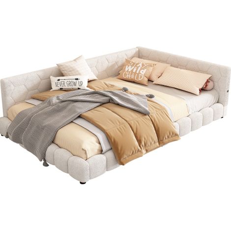 Sofá cama 140x200 cm con somier de láminas, luz LED ambiental de 16 colores, puerto USB y Tipo-C, tapizado en terciopelo blanco, estilo moderno - CHICFURN (1/5)