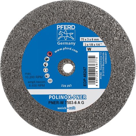 PFERD TOOLS POLINOX verpresstes Vlies-Rad PNER Ø 75x3 mm Bohrung-Ø 6 mm Weich A Grob für Finish 10 Stk (1/5)