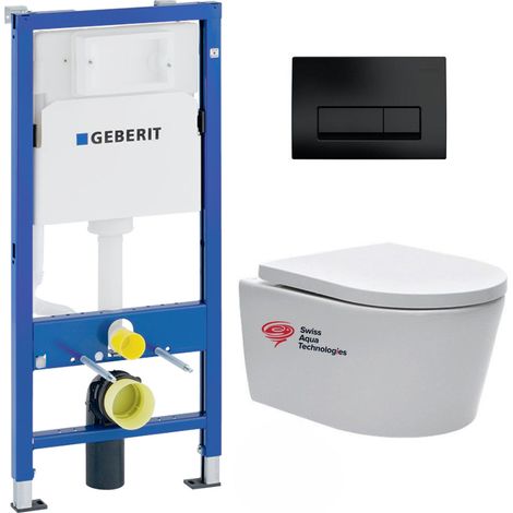 Pack WC bâti-support Geberit + cuvette Swiss Aqua Technologies sans bride + plaque noir mat (SATRIMLESSGEB10) (1/5)
