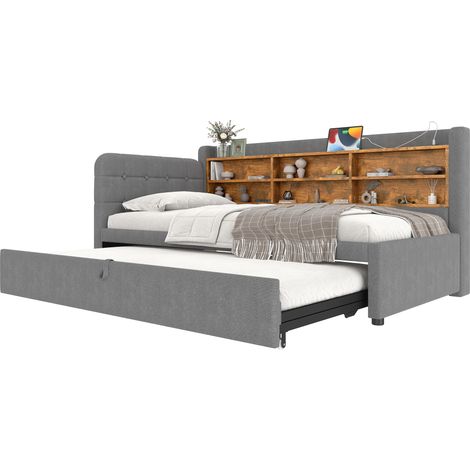 Cama nido 90x200 cm con arrastre, se convierte en 180x200 cm, cabecero con botones, carga USB y USB-C, huecos de almacenaje, tela gris y MDF - CHICFURN (1/5)