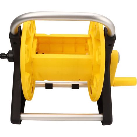 Support de tuyau d'arrosage sur chariot jaune, capacité 30 mètres de tuyau (1/5)