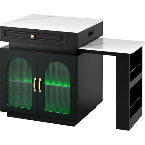 CHICFURN Îlot de cuisine extensible avec LED, prises USB/Type-C, table à manger 2 à 4 personnes, rangement intégré en verre rainuré, noir et blanc effet marbre (1/5)