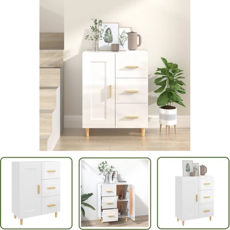 The Living Store Buffet Blanc brillant 69,5x34x90 cm Bois d'ingénierie - Buffet - Meuble De Rangement - Commode - Armoire - Mobilier (1/5)