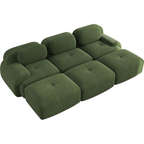 Divano modulare 3 posti in velluto a coste con 3 pouf, senza montaggio, verde MODENUIT (1/5)