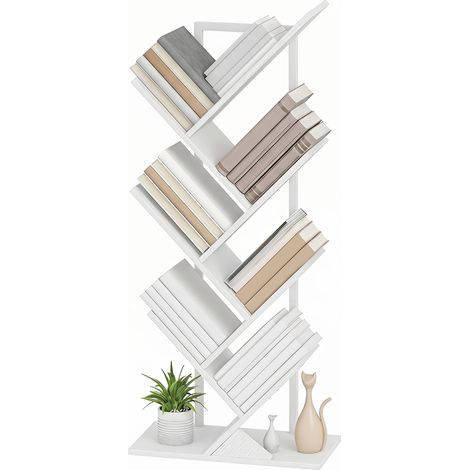 Bibliothèque autoportante 7 niveaux étroite forme arbre bureau style rustique blanc (1/4)
