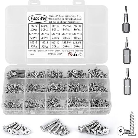 Vis Autotaraudeuses Tête Fraisée,M2 M2,3 M2,5 M3 Petites à Bois Plate Acier Inox 304,Mini Tôle Autoperceuses Fileté Avec T5 T6 T8 Bit.Pour Meubles Métal Doux Plastique. (1/5)