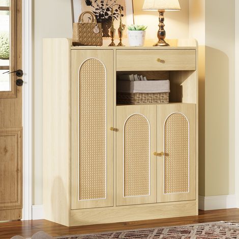 Zapatero de Ratán con 1 Cajón, 3 Puertas y Estantes Ajustables, Recibidor, 90 × 35 × 110 cm (1/5)