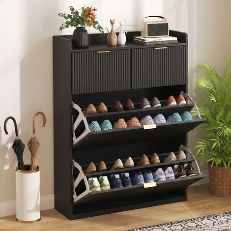 ADWOLT Meuble à Chaussures Noir ,Armoire de Rangement pour Chaussures ,2 tiroirs,12 Paires, 80x24x110 cm (1/5)