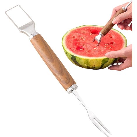Coupe-pastèque portionné Genérico, outil de découpe de fruits 2 en 1 avec fourchette Ustensile de cuisine en acier inoxydable pour couper les fruits, idéal pour les personnes âgées et les familles (1/5)