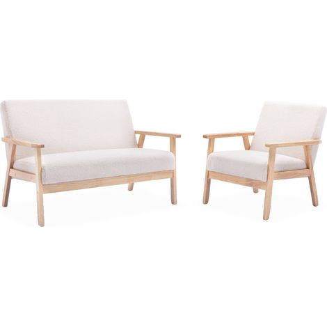 Armchair and love seat in boucle fabric and rubber wood, Isak boucle set, Off-White Boucle, 114x69.5x73 cm (1/5)