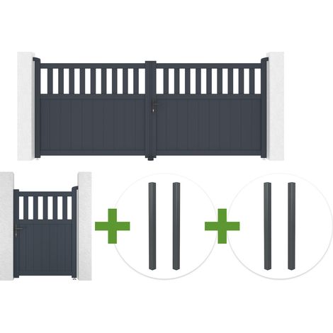 Portail battant SANTIS 340x140cm aluminium gris + 4 poteaux ELDA + Portillon 1m SANTIS H.140cm aluminium gris (1/5)