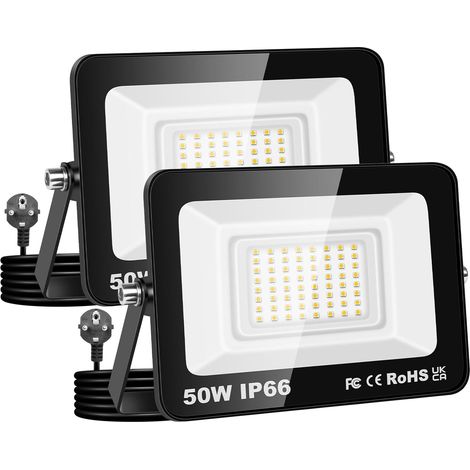 2 Pack Projecteur d'extérieur 50W,Sécurité projecteur 5000lm avec prise 230V,IP66 étanchéité lampe de travail extérieure, 4000K éclairage extérieur blanc chaudpour cour patio parking jardin (1/5)