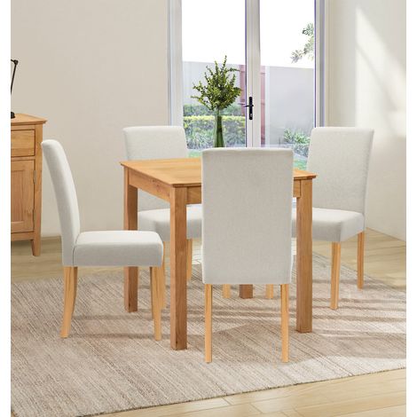 Hallowood Furniture Hereford Solid Oak Dining Table and Chairs Set 4, Wooden Square Kitchen Table and Chairs in Straight Back and Upholstered Beige Fabric, Dining Room Sets for Home and Café (1/5)