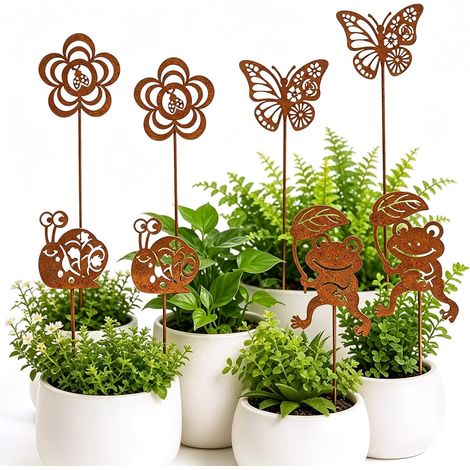 Stück Gartenstecker Rost, 25cm Roststecker Gartendeko für draußen wetterfest mit Schnecke Frosch Schmetterling Blume Metall Gartenstecker Blumenstecker Frühling für Blumentopf Balkon Terrasse (1/5)