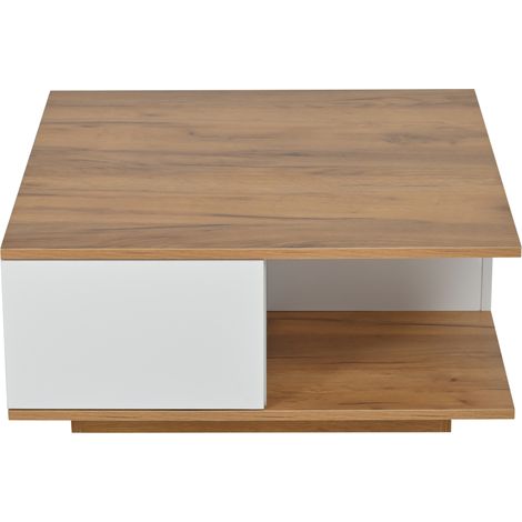Table basse carrée 70 x 70 x 31,5 cm avec 3 tiroirs blanc et bois clair (1/5)