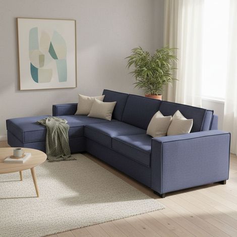 Dmora - Schlafsofa Daalber, Ecksofa, 100% Made in Italy, Sofa mit Drehöffnung, Linke Containerhalbinsel, mit Standard-Armlehnen, Cm 280x95h90, Blau (1/5)