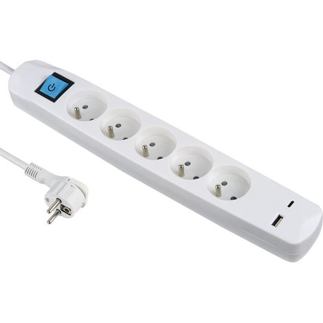 Bloc Multiprise 5 Prises Françaises + 2 USB 3.4A 17W A + 1 Type C, avec Interrupteur on/off, Fiche Extra Plate 90° 16A, Câble 1.5M, Blanc (1/5)