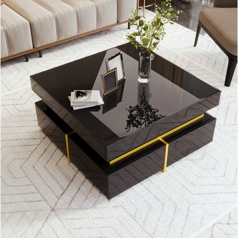 Table basse 70x70x35,5 cm noire brillante, 2 tiroirs, panneaux de bois et accents dorés MEUBLIV (1/5)