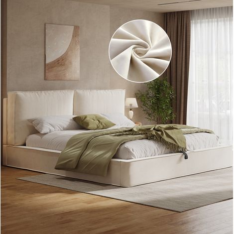 Cama 180x200 cm de terciopelo beige con canapé hidráulico, sin colchón – MEUBLIV (1/5)
